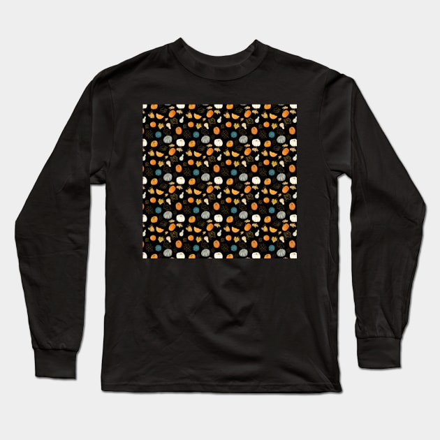 Halloween Pumpkins and Gold Leaf Pattern Long Sleeve T-Shirt by andreeadumez